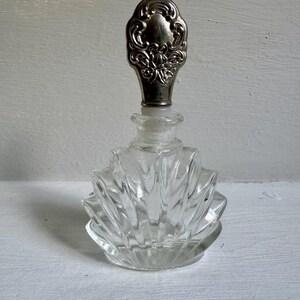 Vintage Scalloped Fan Shaped Glass Perfume Bottle with Silver Plate Topper
