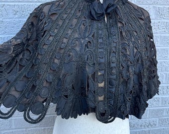 Antique Late 1800s Victorian Mourning Black Intricate Hand Sewn Beaded Appliquéd Silk Cropped Capelet