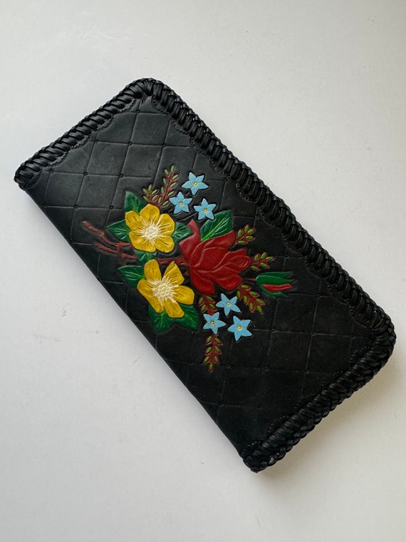 Vintage Mid Century Hand Tooled Leather Wallet wi… - image 1