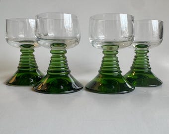 Set of 4 Vintage Roemer Clear with Green Beehive Stem Cordials / Shot Glasses Barware