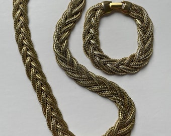 Vintage Gold Tone Metal Braided Chain Choker Necklace & Matching Bracelet