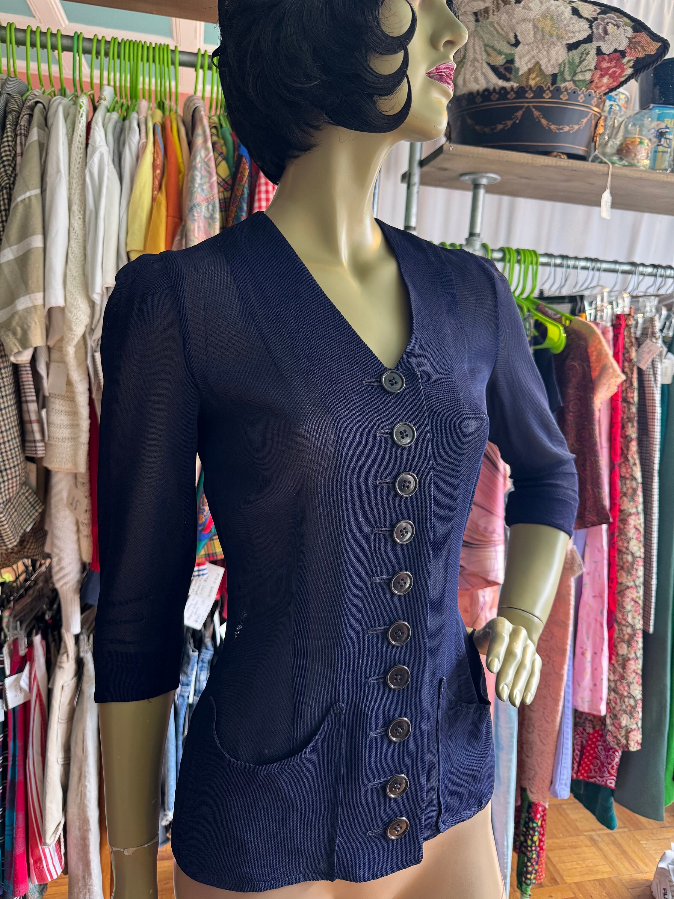 Vintage 1940s Navy Blue Sheer Mesh Fitted Cardigan Top - Etsy