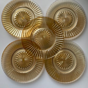 Set of 5 Vintage Mid Century Imperial Glass Iridescent Orange / Marigold Star Cut 8” Plates