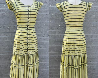 Vintage 1950s Yellow / Navy Blue Striped Multi Button Front Pinafore Style Midi Dress