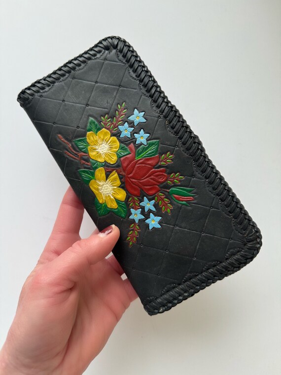 Vintage Mid Century Hand Tooled Leather Wallet wi… - image 2