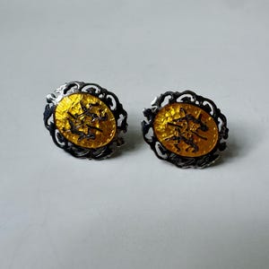 Vintage Early Century Siam Sterling Silver with Yellow Inlay Thai Dancer Accent Screw Back Stud Earrings