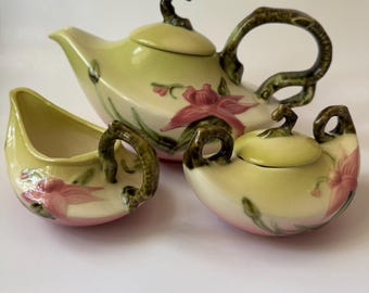 Sold Separately* 1950s Hull Pottery Woodland Chartreuse / Pink Floral Teapot Creamer & Sugar Bowl