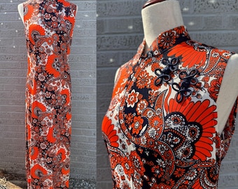 Vintage 1960s Orange White Navy Paisley Maxi Dress with Appliquéd Mandarin High Neck Collar