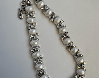 Vintage 1950s Lisner Silver Faux Pearl CZ Rhinestone Choker Costume Jewelry Necklace