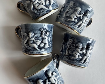 Set of 5 Vintage Capodimante Italy Porcelain Blue White Gold Trim Cherub Motif Demitasse / Espresso / Tea Cups