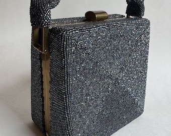 Antique 1940s Du Bonnette Art Deco Metallic Silver Beaded Box Purse / Evening Bag