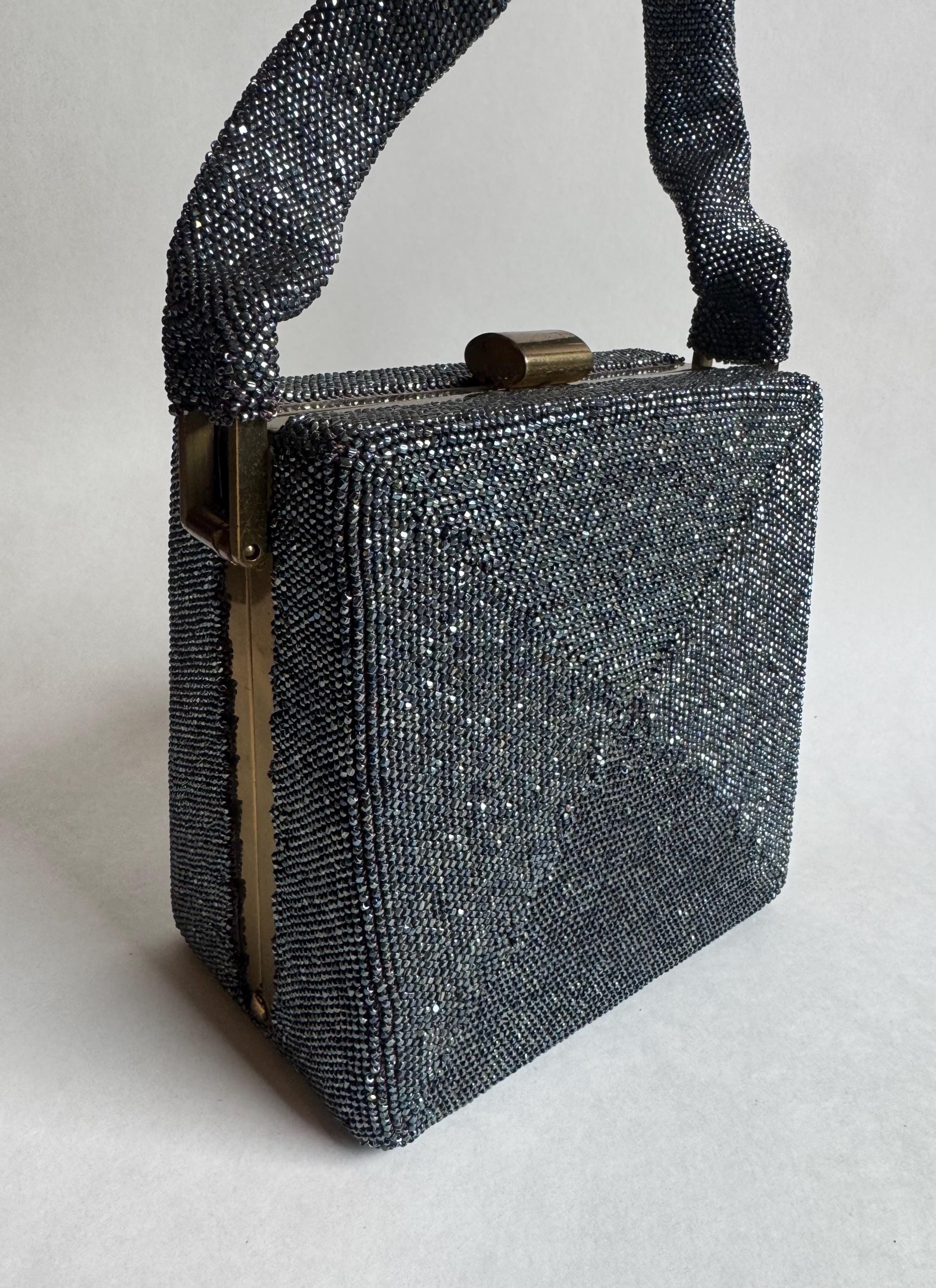 Antique 1940s Du Bonnette Art Deco Metallic Silver Beaded Box Purse / Evening Bag