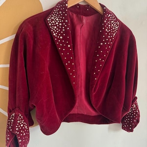 Vintage 1950s Red Velour Rhinestone Embellished Bolero Jacket