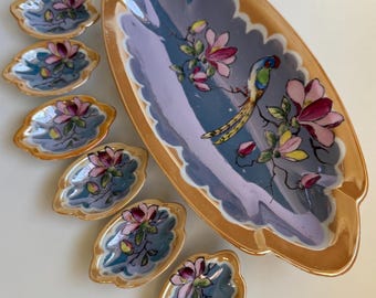 Vintage Japanese Lusterware Ceramic Oblong Platter with 6 Matching Salt Wells