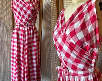 Vintage 1950s Trudy Hall Jr. Red & White Gingham Print Wrap Front Sheath Dress with Matching Belt