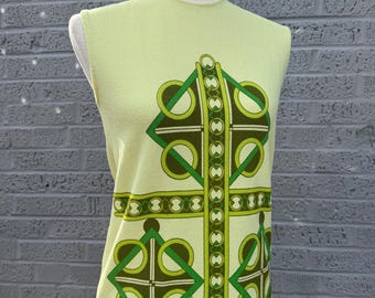 Vintage 1960s Devon Mod Lime Green Geo Print Tank Blouae