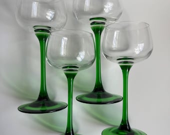 Set of 4 Vintage Arcoroc France Green Stem Clear Top Wine Glasses