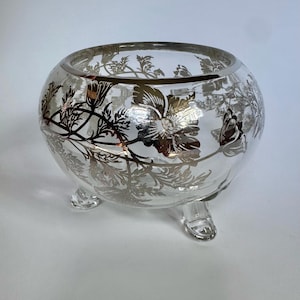 Vintage Mid Century Clear with Silver Floral Overlay Footed Decorative Candy Dish