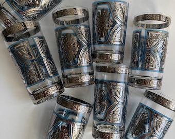 Set of 8 Vintage Mid Century Signed Culver Sorrento Silver & Blue Glass Tumblers