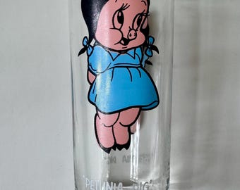 Vaso de cristal coleccionable de Pepsi de Warner Bros. con diseño de Petunia Pig, del año 1973.