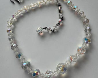 Vintage Mid Century Iridescent Graduated Crystal Beaded Necklace