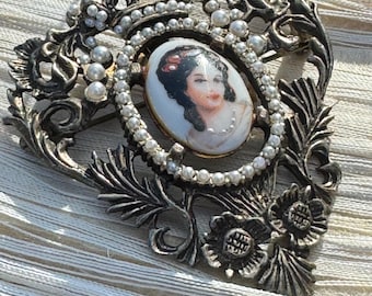 Vintage Mid Century Limoges France Porcelain Cameo Brooch Framed in Seed Pearls