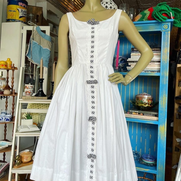 Vintage 1950s White with Brown & White Gingham Ribbon Stripe Swing Dress