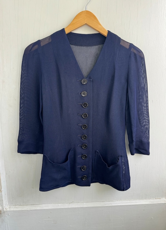 Vintage 1940s Navy Blue Sheer Mesh Fitted Cardigan