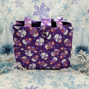 Tri Pocket Winter Bag - Snowmen on Purple! - Lunch Bag, Dog Bag, Tote, Craft Bag, Organizer, Purse, Diaper Bag, One of a Kind