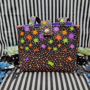 Tri Pocket Halloween Bag - Spiders and Dots! - Lunch Bag, Dog Bag, Tote, Craft Bag, Organizer, Purse, Diaper Bag