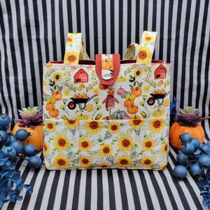 Tri Pocket Fall Bag - Sunflowers and Pumpkins! - Lunch Bag, Dog Bag, Tote, Craft Bag, Organizer, Purse, Diaper Bag, One of a Kind