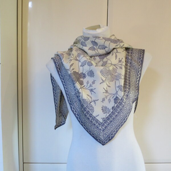 90s silvery grey scarf, floral scarf, head scarf, women's scarf,  scarves,  ivory floral, silky poly scarf, 29" x 30", grey ivory, 616/500