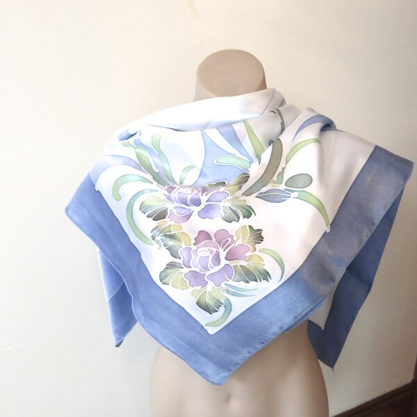 Large cool floral scarf, summer scarf, women's scarf, head scarf,  blue white green purple, large scarf, polyester, 34" x 34", 917/439