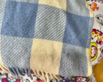 vintage fringed wool blanket, Blue white check, suit spare room, craft, camping, pet