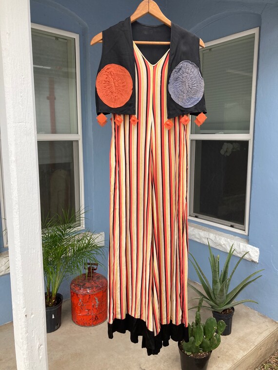 Rare 1920s striped beach pajamas with vest. Low ba