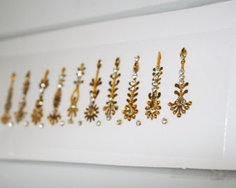 10 Long Gold Premium Bindis with Crystals. Pretty Fancy Bindi Face Jewels from Bindi Collections Online.