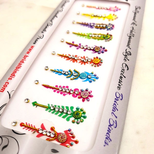 Long Colorful Indian Bindis with Studs. 10 Bindis + 10 Studs from Bindi Collections Online.