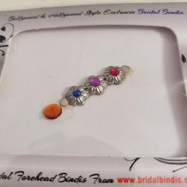 Long Silver, Purple Pink Blue Orange Premium Bindi . Pretty Fancy Bindi Face Jewels. (3.6 Cm Long)