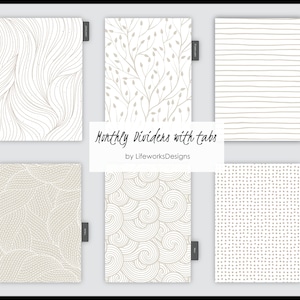 May include: Six different printable designs for monthly dividers with tabs. The designs include a wavy line pattern, a floral pattern, a striped pattern, a dotted pattern, a swirl pattern, and a leaf pattern. The designs are all in black and white.