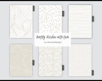 Gray Beige Monthly Dividers w Mylar Tabs Kikki K Gillio van der Spek Filofax A5 6 Hole Printed on Rich White Speckled Stock Planner Inserts