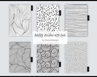 Black & White Monthly Dividers w Mylar Tabs Kikki K Gillio van der Spek Filofax A5 Planner Inserts 6 Hole on Rich White Speckled Stock