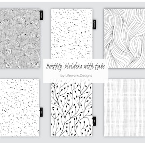 Puede incluir: Seis diseños de divisores imprimibles en blanco y negro para una agenda o un diario. Los diseños incluyen espirales, puntos, ramas y líneas.