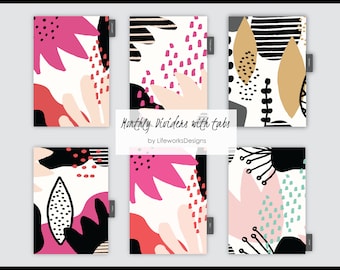 Whimsical Red Monthly Dividers w Mylar Tabs Kikki K Gillio van der Spek Filofax A5 6 Hole on Rich White Speckled Stock Planner Inserts