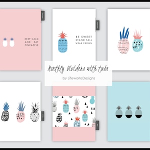 Puede incluir: Conjunto de seis separadores mensuales imprimibles con ilustraciones de piña y texto. Los separadores son de color rosa, azul y blanco con detalles negros. El texto en los separadores incluye "Keep Calm and Eat Pineapple" y "Be Sweet Stand Tall Wear Crown".