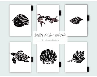 A5 Sea Shells Monthly Dividers w Mylar Tabs Kikki K Gillio van der Spek Filofax Printed on Rich White Speckled Stock Planner Inserts