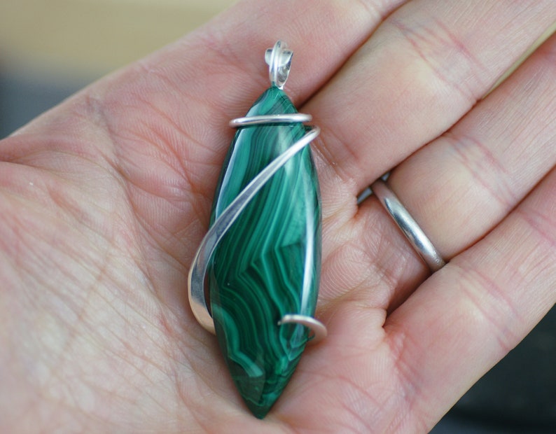 Malachite Marquise Cold Forged Sterling Silver Pendant
