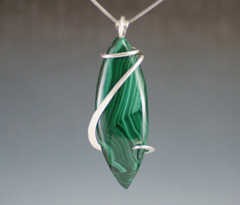 Malachite Marquise Cold Forged Sterling Silver Pendant