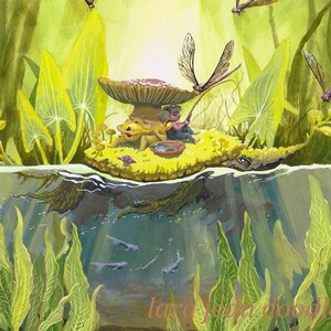 A Day on the Pond, turtle fairy art print giclee, fantasy art nature mossy tree illustration