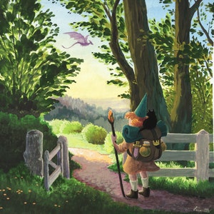 Adventure, giclee art print, fantasy art dragon witch, kids room art