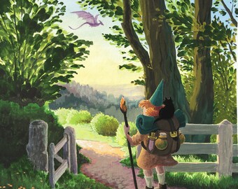 Avontuur, gicleekunstprint, fantasiekunst drakenheks, kinderkamerkunst